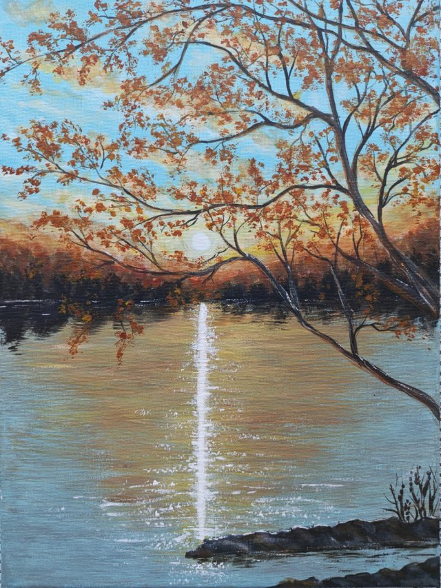 NASTROJOWY PEJZAŻ MALOWANY NA PŁÓTNIE - "ROMANTYCZNE REFLEKSY" 40x30cm