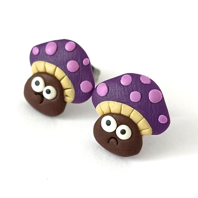 Fioletowe Kolczyki na sztyftach Grzybki Kawaii