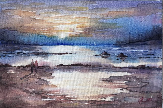 Spacer brzegiem morza Oryginalna akwarela na płótnie 20x30cm