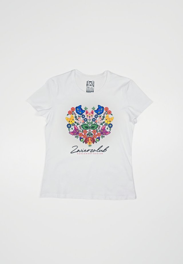 T-shirt damski - Zwierzolub - pieski kotki - wzór folkowy - M
