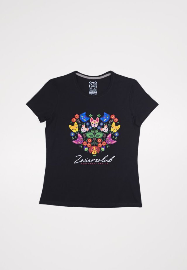 T-shirt damski - Zwierzolub - pieski kotki - wzór folkowy - XXL