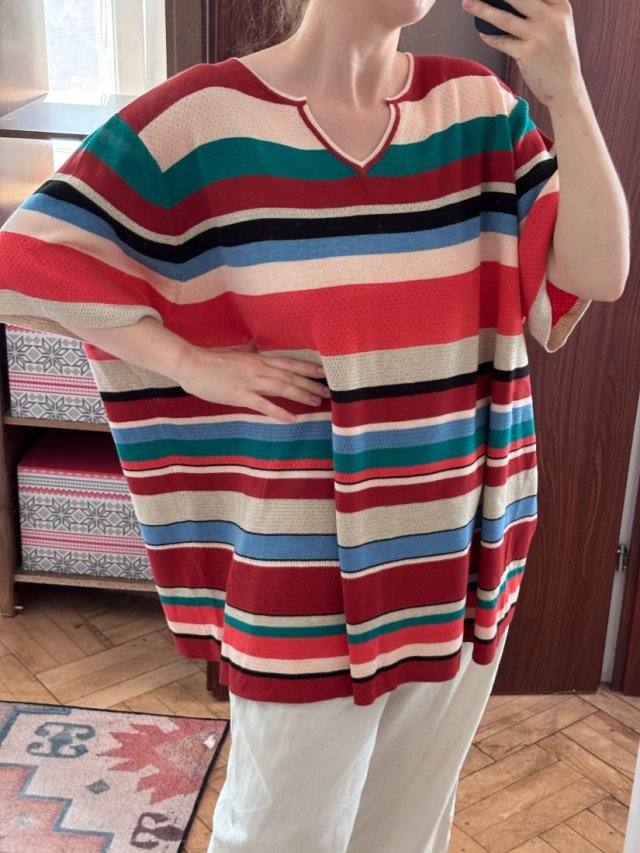 Kolorowy sweter w paski Liz & Me 4X Plus Size oversize V-neck 8XL / 56 / 28