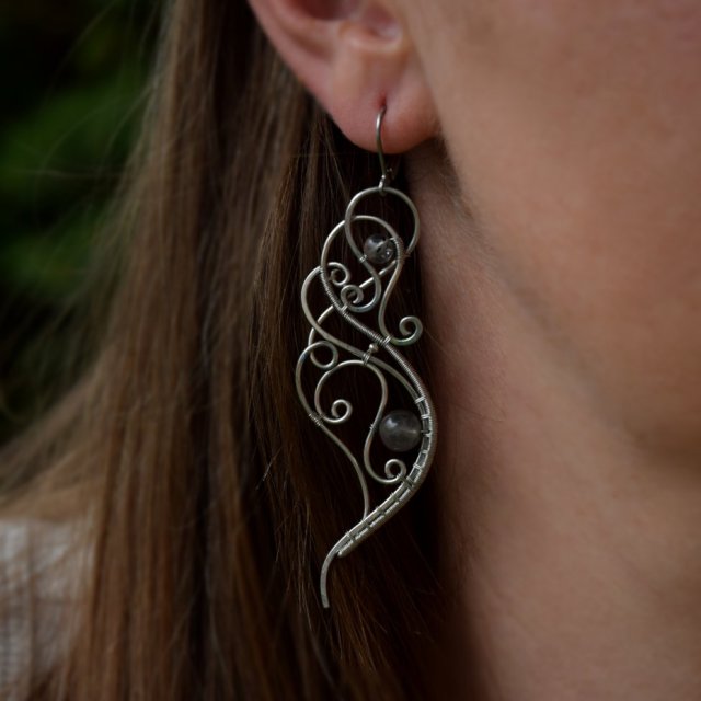 Długie kolczyki labradoryt, stal chirurgiczna, wire wrapping,