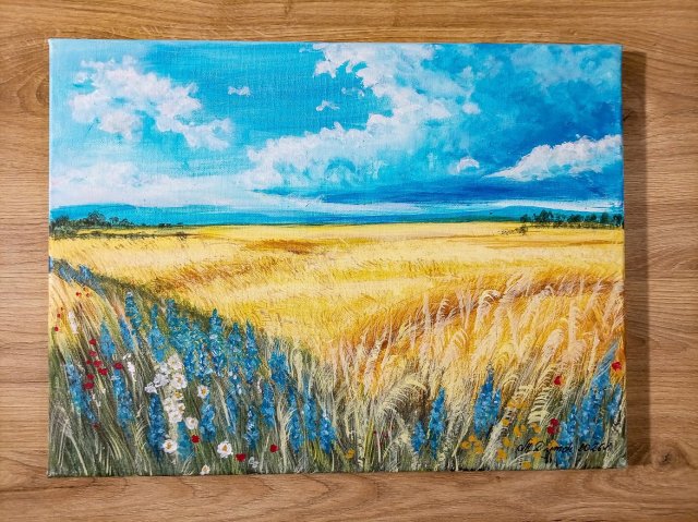 NASTROJOWY PEJZAŻ MALOWANY NA PŁÓTNIE - "WAKACJE NA WSI" 30x40cm