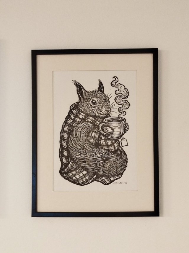 Wiewiórka, Wiewióra Jesieniara - oprawione passe-partout + ramka - Linoryt, ilustracja, grafika, obrazek, obraz, sztuka, plakat, dekoracje,