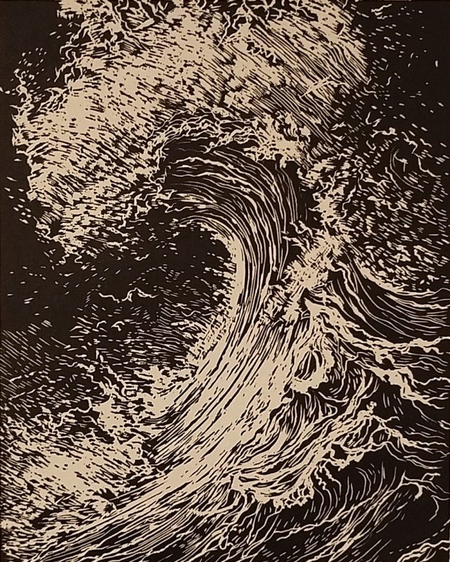 Fala, Sztorm, Ocean, Morze - Linoryt, ilustracja, grafika, obrazek, obraz, sztuka, plakat, dekoracje