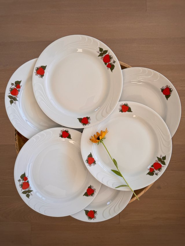 Komplet 6 talerzy obiadowych z truskawkami, Lubiana, PRL