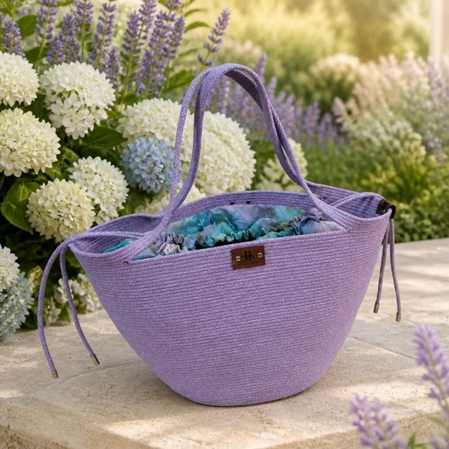 Lawendowa torba shopper ze sznurka bawełnianego z kwiatowym zamykanym kominem
