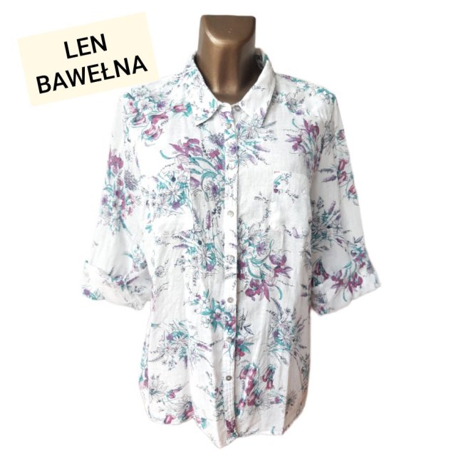 Biała Bluzka Koszula Letnia Premium 5XL Len Bawełna