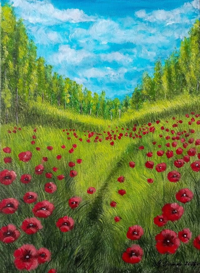 NASTROJOWY PEJZAŻ MALOWANY NA PŁÓTNIE - "WŚRÓD KARMINOWYCH MAKÓW" 40x30cm