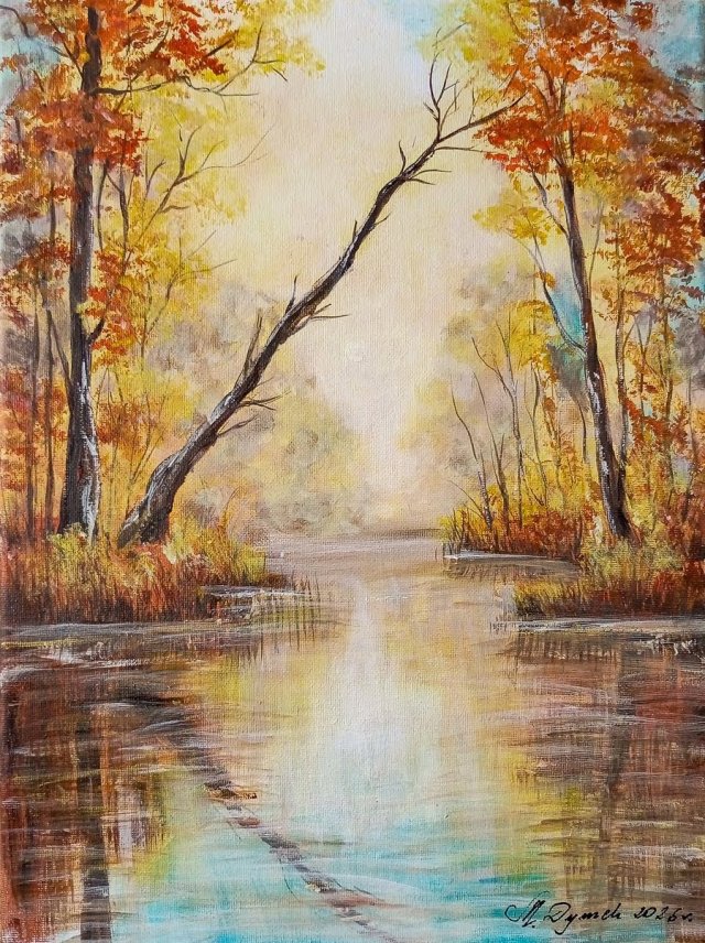 NASTROJOWY PEJZAŻ MALOWANY NA PŁÓTNIE - "UKŁON KU WODZIE" 40x30cm