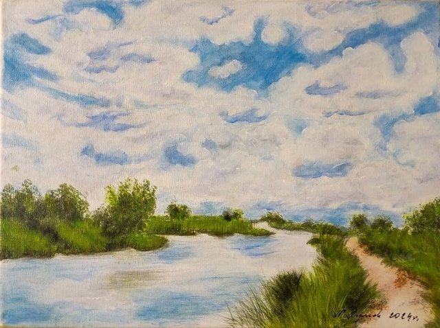NASTROJOWY PEJZAŻ MALOWANY NA PŁÓTNIE - "TANIEC CHMUR" 30x40cm