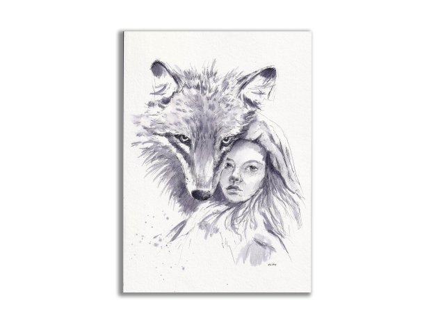 Wilk i dziewczynka. Grafika ręcznie malowana