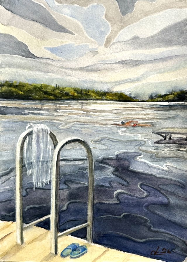 Pływanie w rzece original akwareli A4