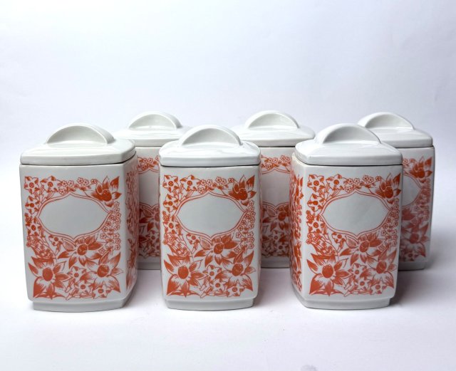 Pojemniki kuchenne porcelit Bogucice PRL komplet 6 szt Unikat ! Polski design Zachowana metka