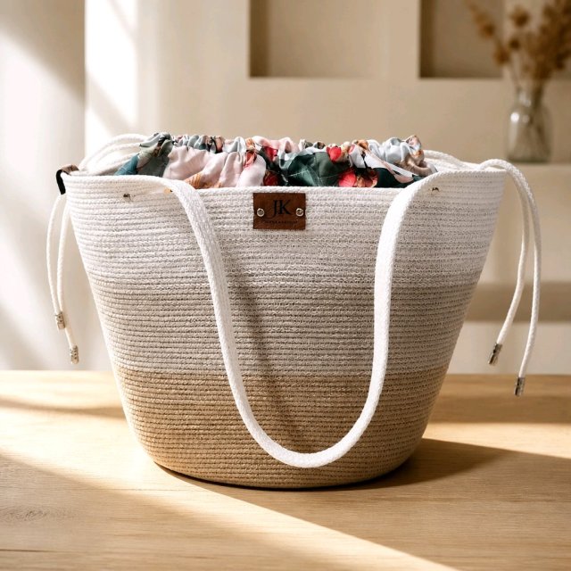 Ręcznie szyta torba shopper XXL ombre ecru–beż z wodoodporną podszewką