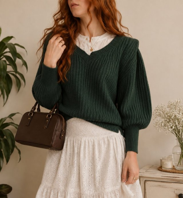 Ochnik Sweter Sweterek V neck butelkowa zieleń bufki