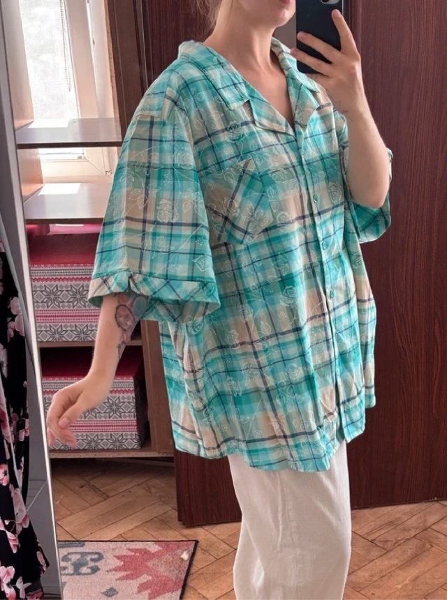 Liz & Me – Turkusowa koszula w kratę z kwiatami 5X (plus size) 9XL / 58 / 30