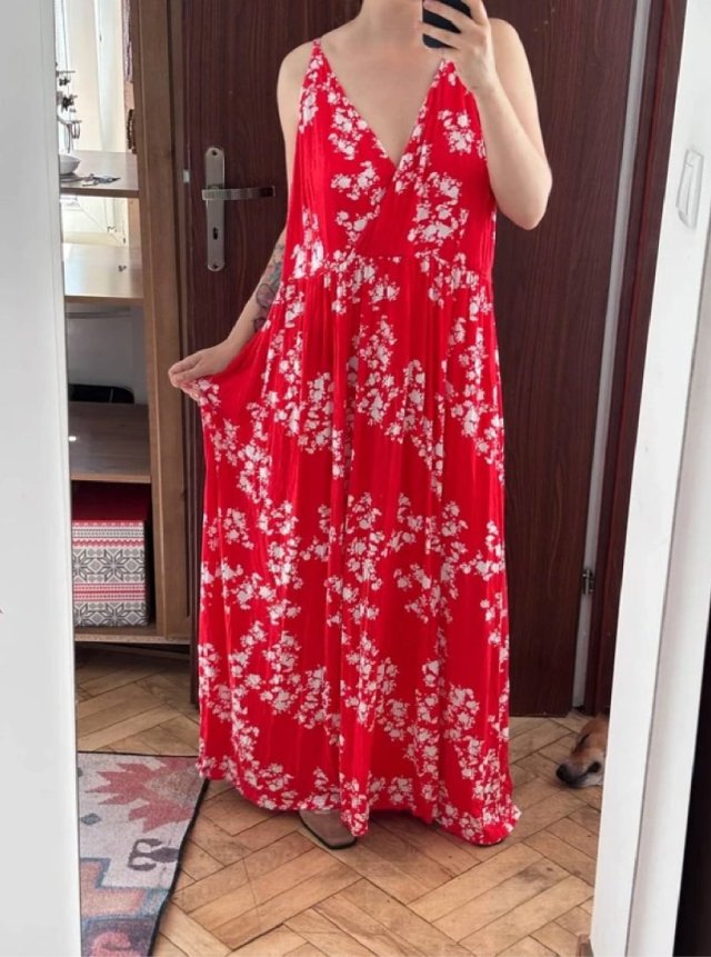 Ellos Czerwona Sukienka Maxi w Kwiaty Plus Size 26/28 7XL / 54 / 26