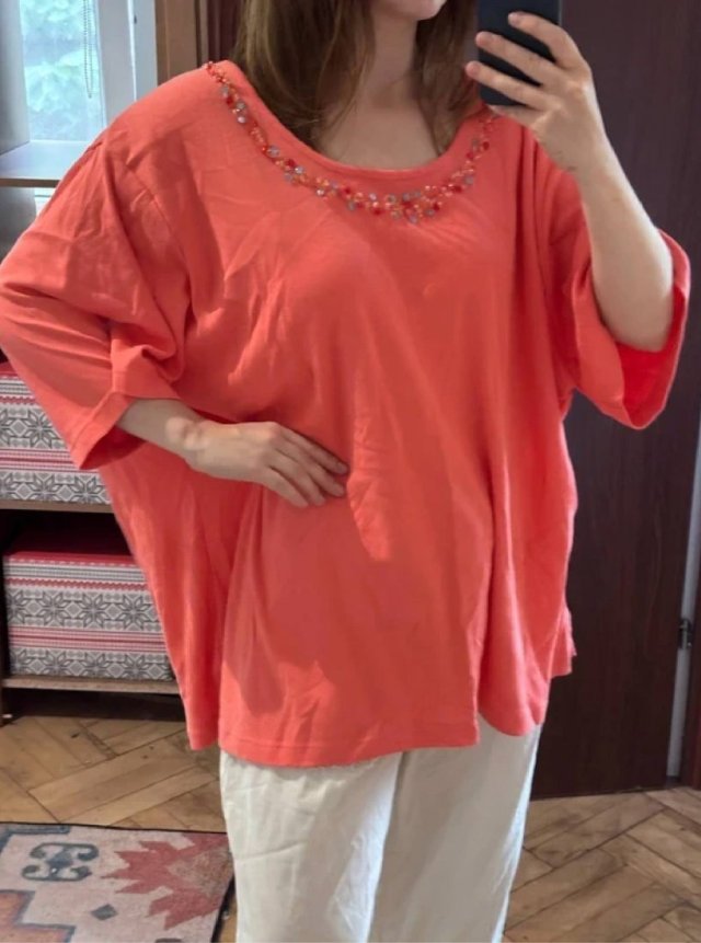Koralowa bluzka z koralikami Liz & Me Plus Size oversize tunika 9XL / 58 / 30