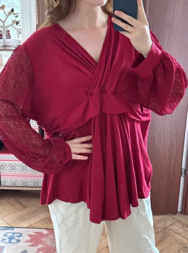 Bordowa bluzka kopertowa 4XL 48 koronkowe rękawy elegancka Plus Size nowa z metką 4XL / 48 / 20