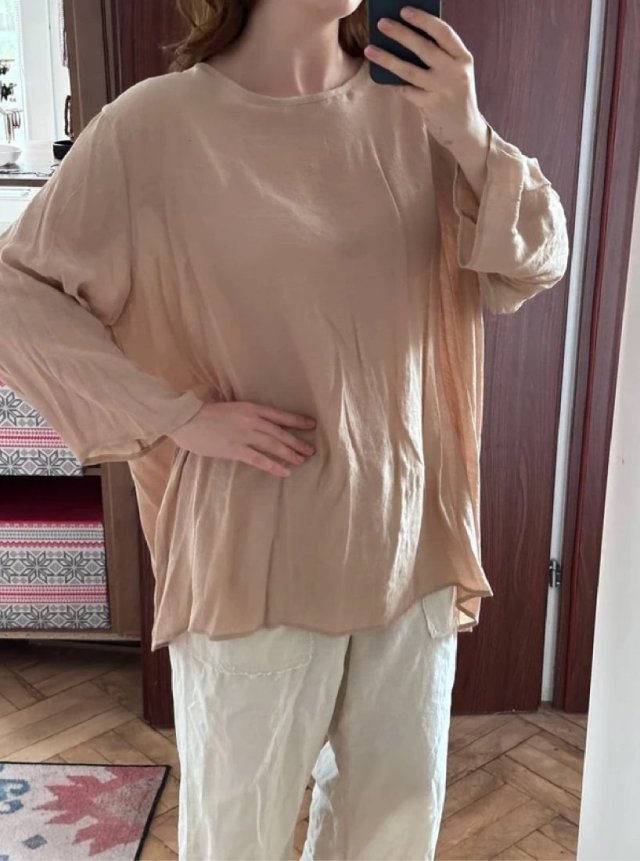 Beżowa bluzka oversize 5XL 50 minimalistyczna 3/4 rękaw luźna Plus Size casual 4XL / 48 / 20