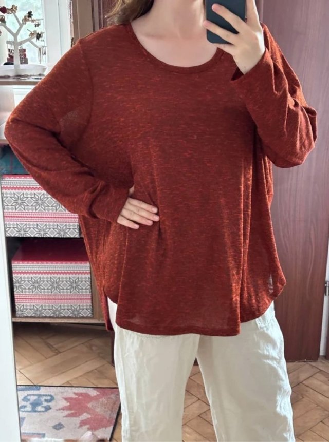 Bluzka oversize Plus Size 6XL 52 ceglana melanż luźna z długim rękawem casual XXL 6XL / 52 / 24