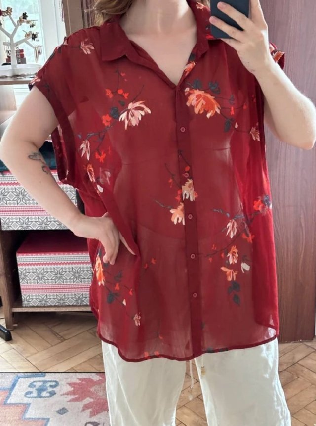 Bordowa koszula w kwiaty 6XL 52 oversize krótki rękaw zapinana Plus Size boho 6XL / 52 / 24
