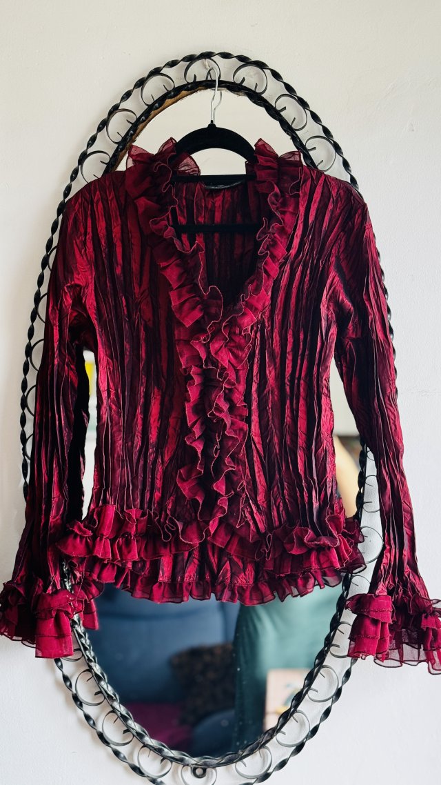 Koszula vintage bordo L falbany hippie boho unikat duńska denmark