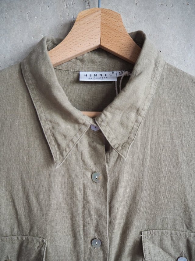 Szmizjerka tunika lniana z kołnierzykiem bez rękawów Hennes Vintage khaki 42