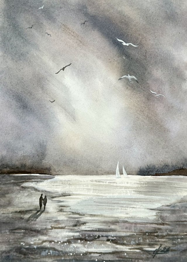 Spacer po Pomorie original akwareli A4