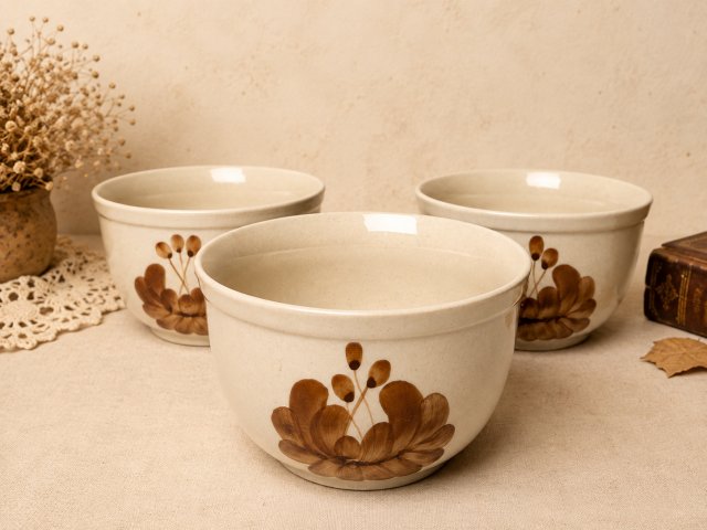 Miseczki Mirostowice PRL bulionówki beżowe 3 sztuki Mid-Century Polish Design Vintage