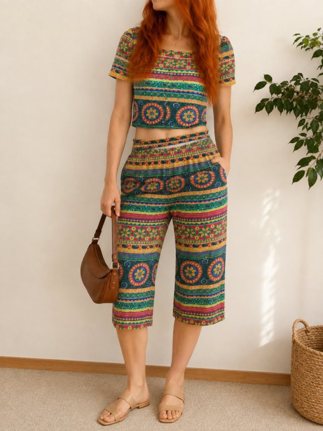 Komplet na lato zestaw boho hippie kolorowy wygodny letni set bluzka top spodnie rybaczki 36/38