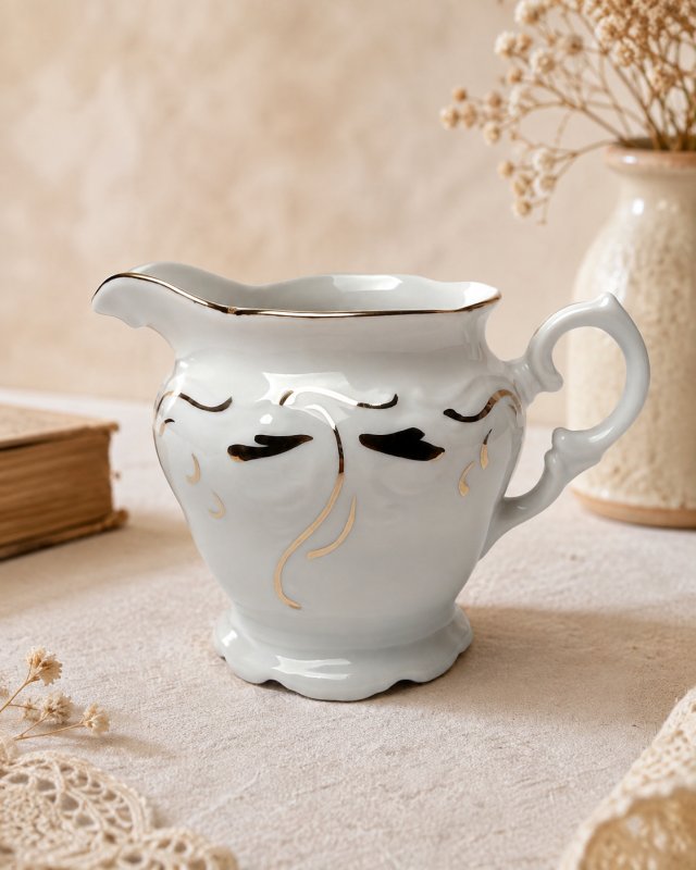 Mlecznik Wałbrzych biała porcelana i złocenia Polski design Vintage lata 60/70