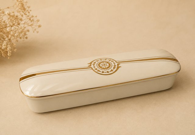 Ceramiczne puzderko vintage w stylu Art Deco – kremowo-złote ciężkie