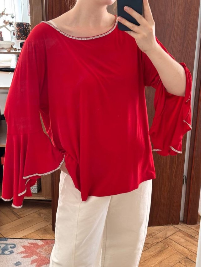 Czerwona Bluzka z Dzwonkami i Cyrkoniami Plus Size 4XL / 48 / 20