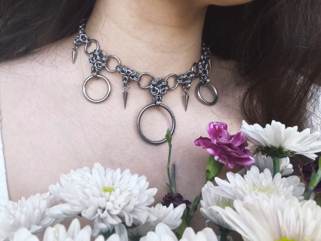 Spike O-Ring Chainmaille Choker – stal chirurgiczna 316L z kolcami | gothic industrial