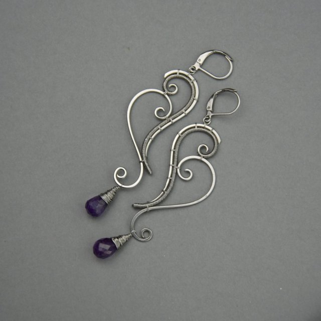 Długie kolczyki z ametystami, stal chirurgiczna, wire wrapping, ametyst