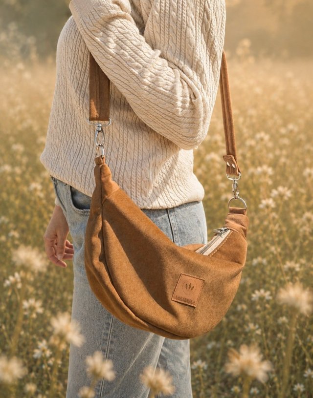 Torebka crossbody z tkaniny 'wool look' Orzech Laskowy