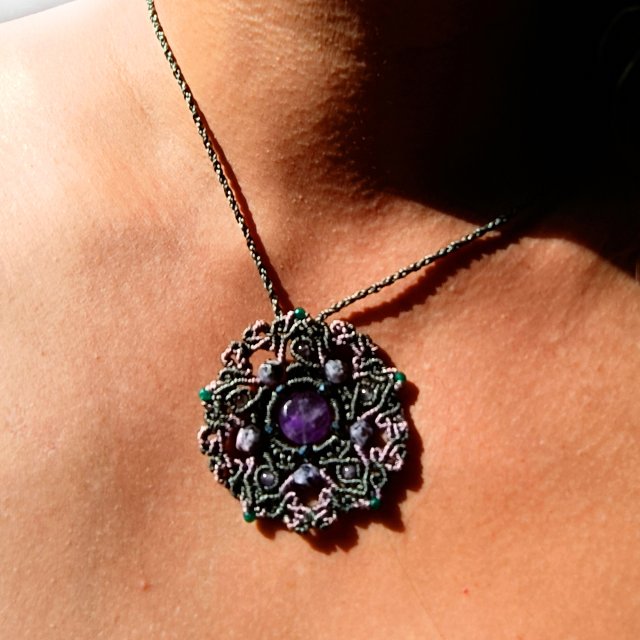 Pentagram Gwiazda Mandala wisior pleciony z Ametystem Szmaragdem i Jaspisem