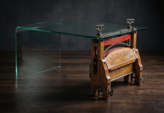 "Wringer Coffee Table" stolik loft z wyżymaczki + gięte szkło | upcycling | industrial | handmade