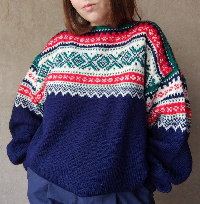 Wełniany granatowy norweski sweter ręcznie robiony handmade 100% wełna Blom Vintage & Second Hand