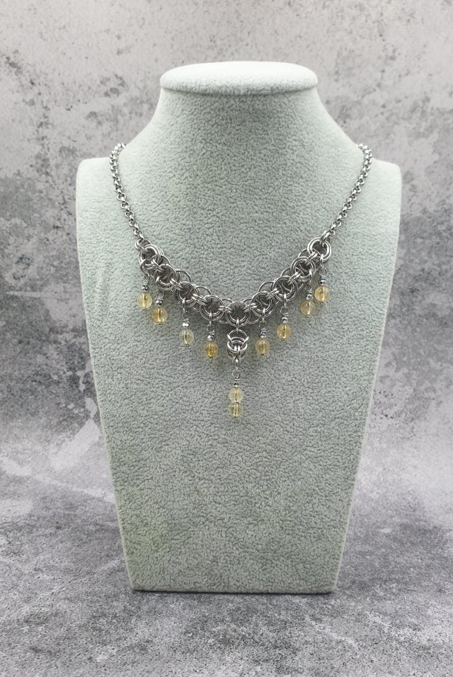 Naszyjnik chainmaille - kwarc żółty, złoty, cytrynowy