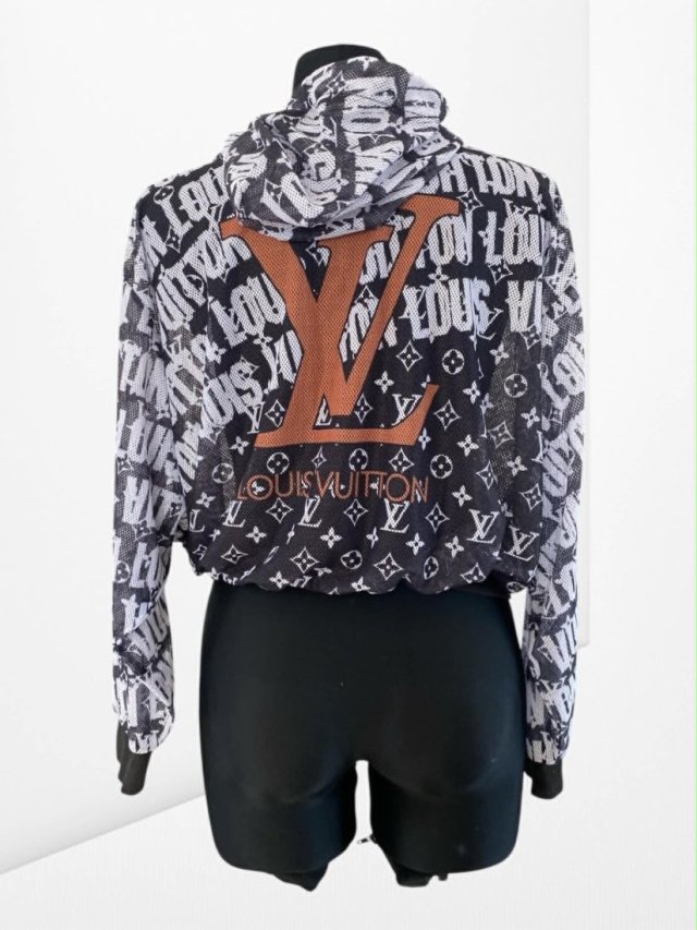 Louis Vuitton Bluza / Bomberka z siateczki z kapturem czarna białe zmultiplikowane loga  - unisex