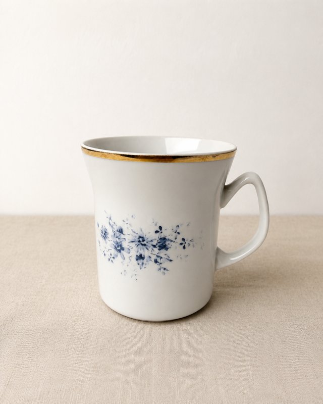 Kubek Włocławek porcelana PRL vintage Niebieskie kwiaty złocenia