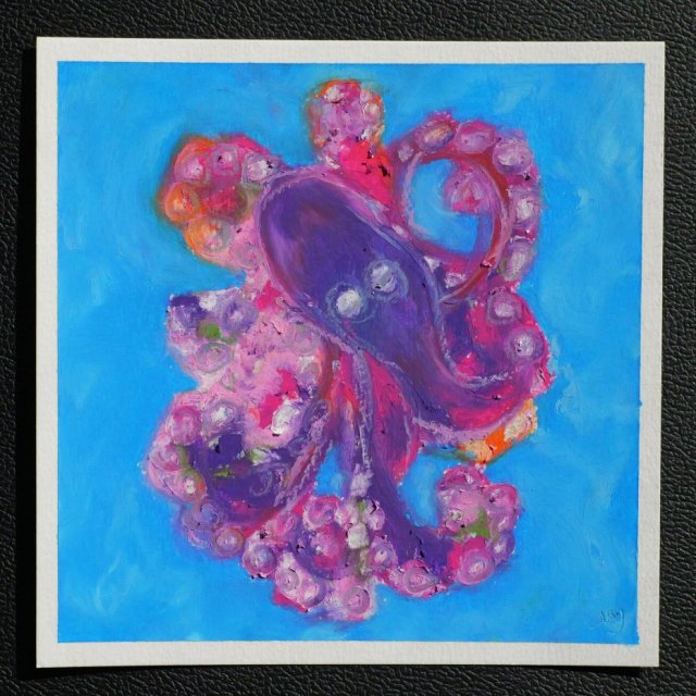 Ośmiorniczka obraz pastela olejna 15x15 cm