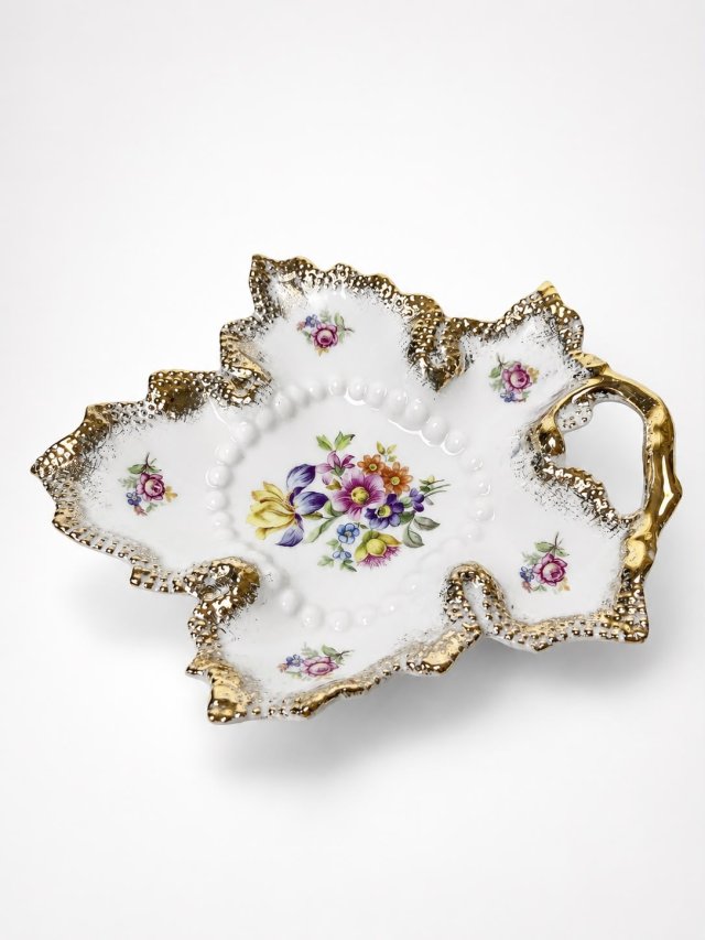 Porcelanowa paterka Vintage Friedrich Germany lata 50 kwiaty złocenia liść
