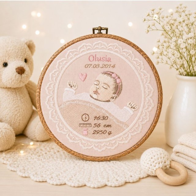 Haftowana personalizowana metryczka, pamiątka narodzin w oprawie 20 cm, 2