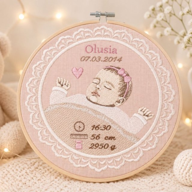 Haftowana personalizowana metryczka, pamiątka narodzin w oprawie 20 cm, 2