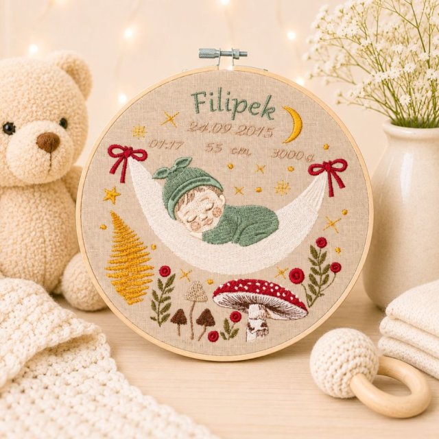 Haftowana personalizowana metryczka, pamiątka narodzin w oprawie 20 cm, 1